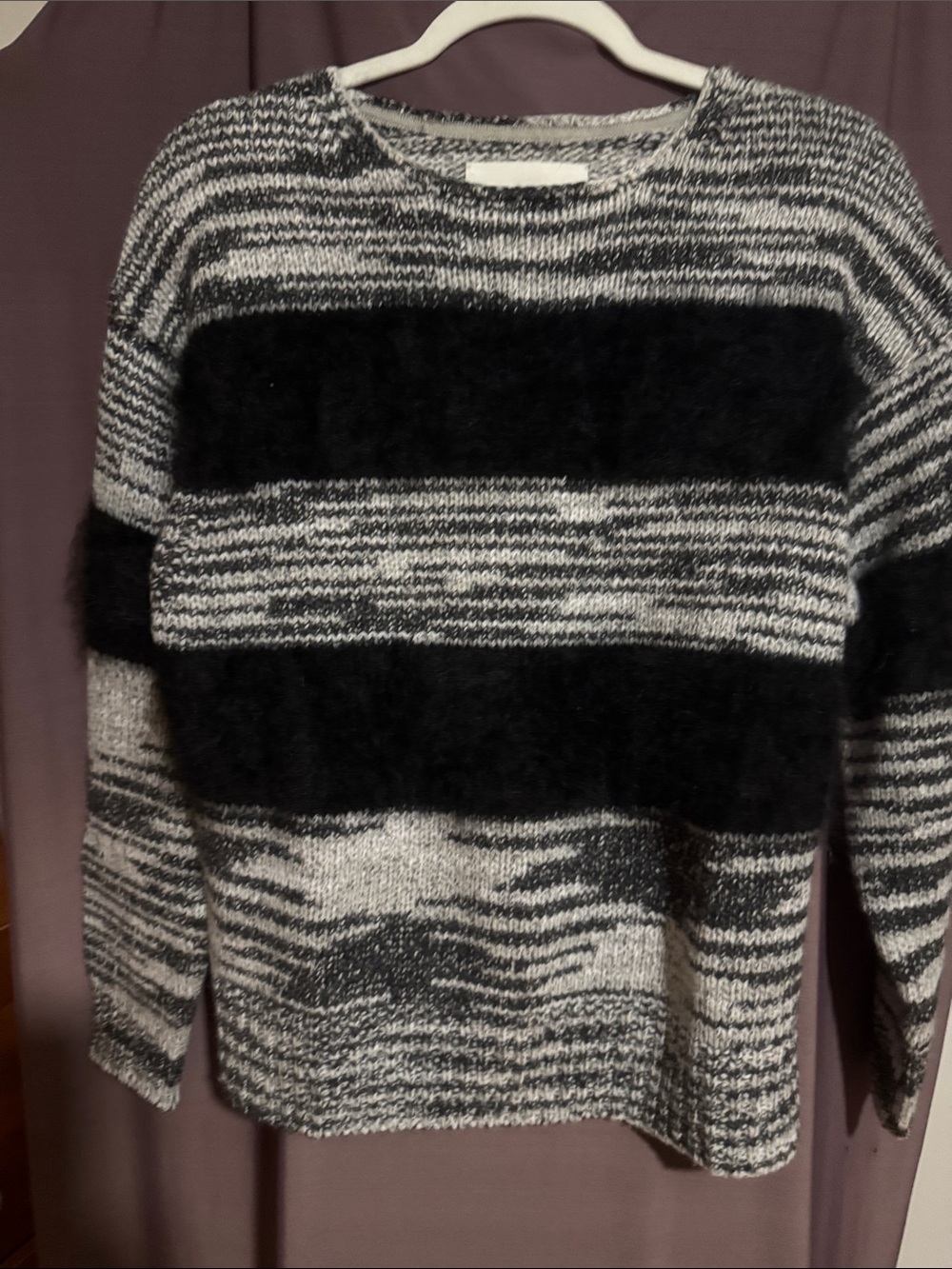 Women’s Black and Gray Striped Crewneck Sweater
